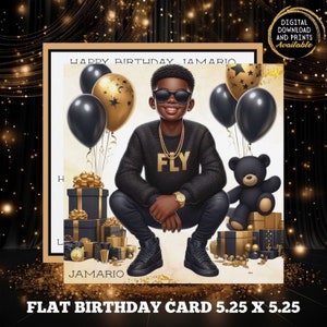 Elegante biglietto di auguri di compleanno per ragazzo afroamericano in nero/oro: biglietto di auguri trendy e personalizzabile per bambini. Regalo di lusso unico per figlio e fratello.