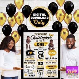 Notorious ONE Hip Hop Milestone First Birthday Poster 1or 2 Photos 11x14 Black & Gold/ Digital Download/ The Big One/ Hip Hop 1st Birthday