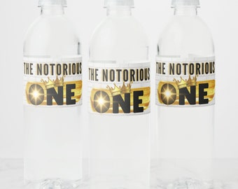 The Notorious One Black and Gold Retro Hip Hop 1st Birthday Water Bottle Label, The Big One, Urban, Instant Digital Download, First Birthday