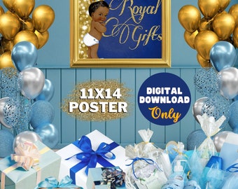 Royal Prince Baby Shower Sign: Blue & Gold African American Baby (Digital Download 11x14 PNG