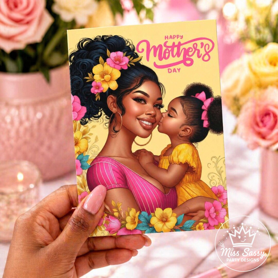 Black Mom Daughter Happy Mother's Day Card, Pink Yellow Floral Card ...