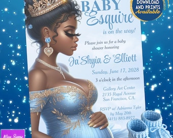 Royal Prince Baby Shower Invitation, African American Mom To Be Invite, Blue Gold Baby Boy Shower, Printed or Digital 5x7 Crown Invitation