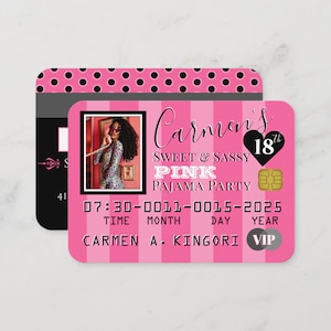 Invitaciones estilo tarjeta de crédito VIP, Fiesta de cumpleaños rosa, Fiesta de spa, Tarjeta de débito, Pase de fiesta VIP, Cualquier edad u ocasión, Invitación única con tarjeta de crédito