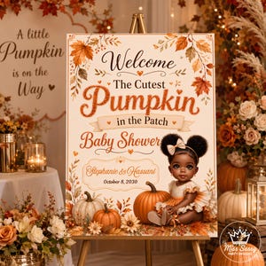 La calabaza más linda del huerto, letrero de bienvenida para bebé con peinado afro, decoración para baby shower de otoño afroamericano, imprimible para fiesta de otoño de 18x24 pulgadas.