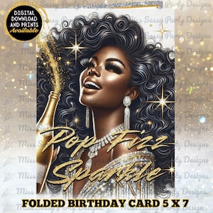 Biglietto di auguri glamour per il nuovo anno, design pop champagne donna nera, compleanno elegante, festa per lei, argento e oro, Pop Fizz Sparkle