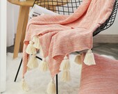 Orange red pom pom throw blanket,Moroccan blanket,bed sofa throw blanket,summer blanket,boho blanket,soft picnic blanket towel,throw blanket