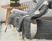 Black pom pom throw blanket,Moroccan blanket,bed sofa throw blanket,summer blanket,boho blanket,soft picnic blanket towel,blanket blanket