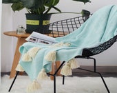 Mint blue pom pom throw blanket,Moroccan blanket,bed sofa throw blanket,summer blanket,boho blanket,soft picnic blanket towel,throw blanket