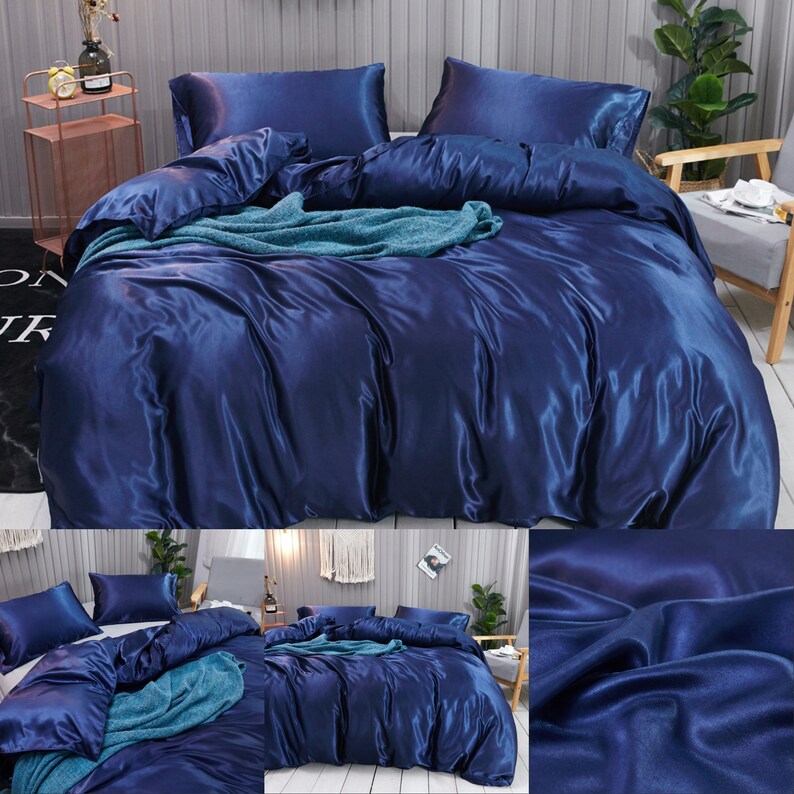 Luxury Navy Satin Quilt Duvet Cover SetTextile Silk Queen Bed Etsy