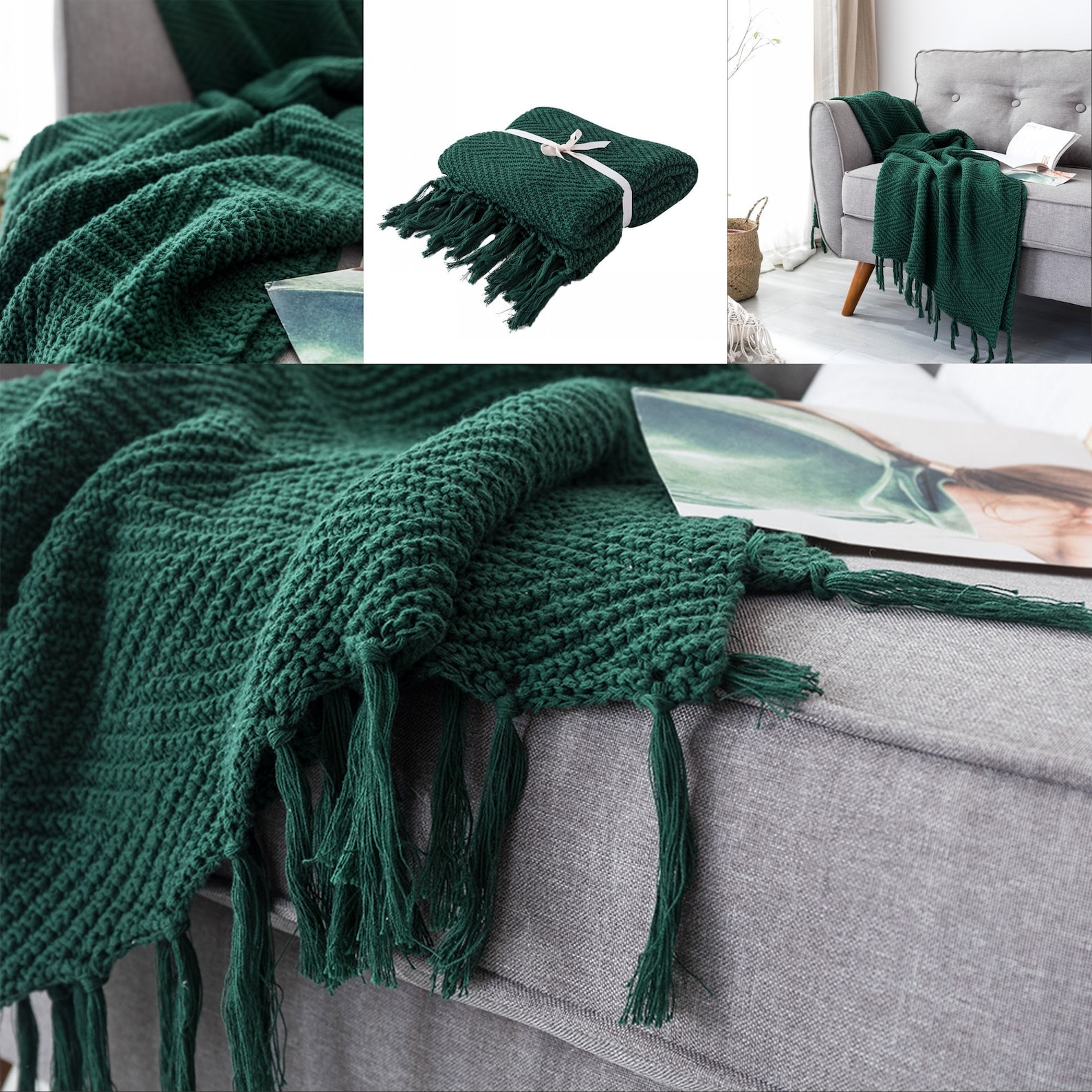 Dark green throw blanket knittedvintage bed sofa throw Etsy