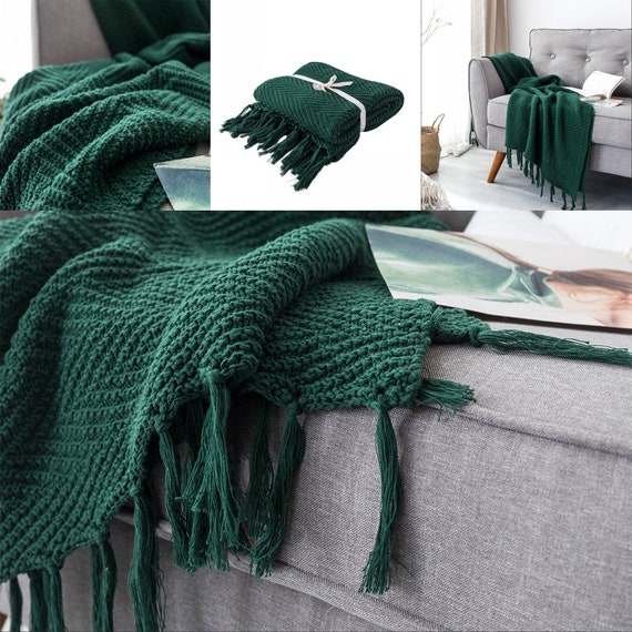 Dark Green Throw Blanket Knittedvintage Bed Sofa Throw Etsy