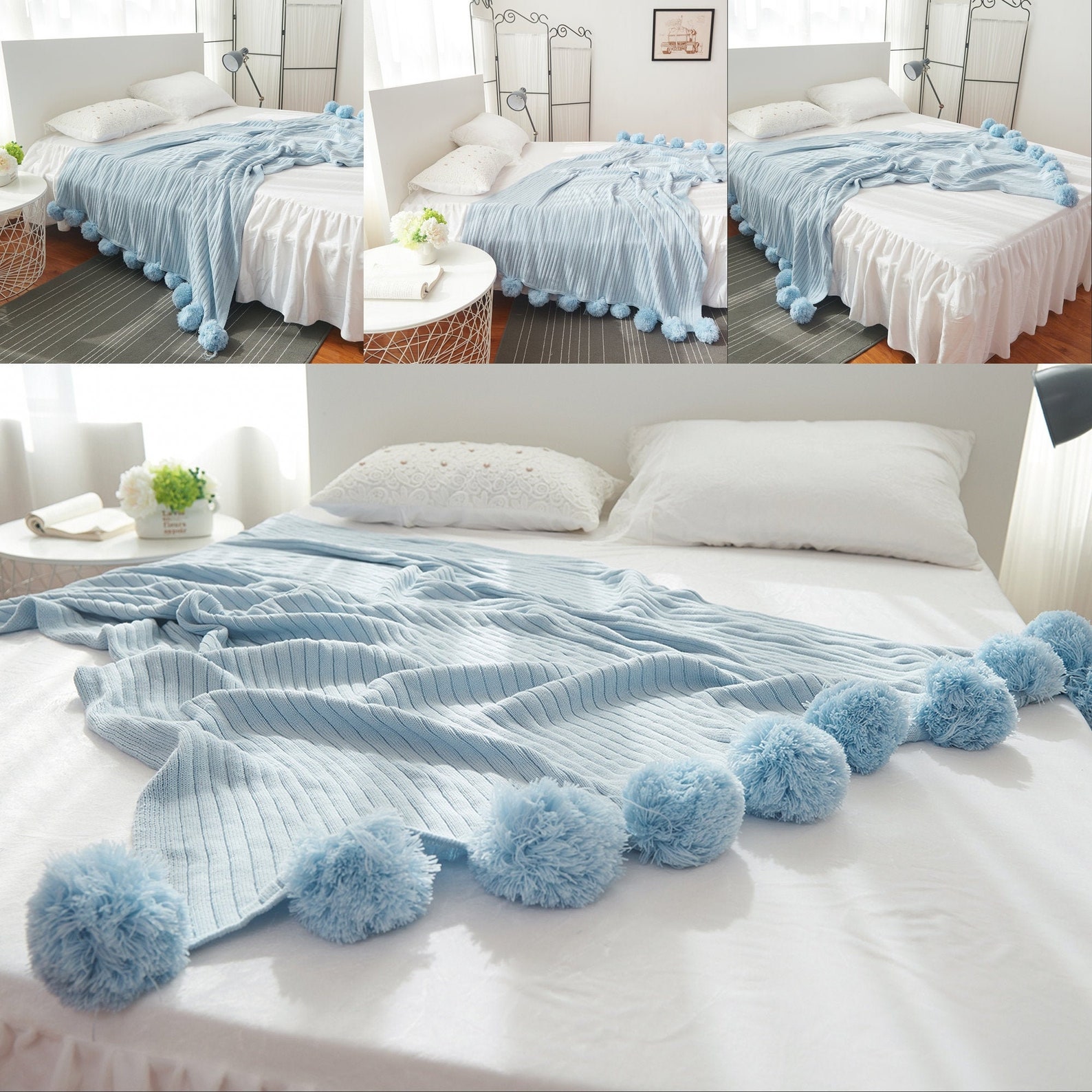 Baby blauwe blauwe pom pom gooi deken baby deken bed bank Etsy