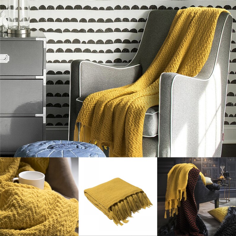 Mustard yellow throw blanket knittedvintage bed sofa throw Etsy