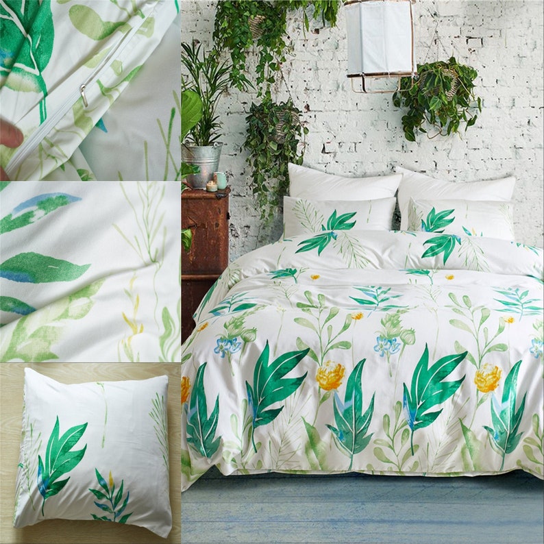 Botanische gr\u00fcn Bl\u00e4tter Duvet Cover Set auf wei\u00df,hochwertige handgemachte Bettbezug,Kissenbezug,Abdeckung,Geschenk f\u00fcr Paar,Premium Qualit\u00e4t
