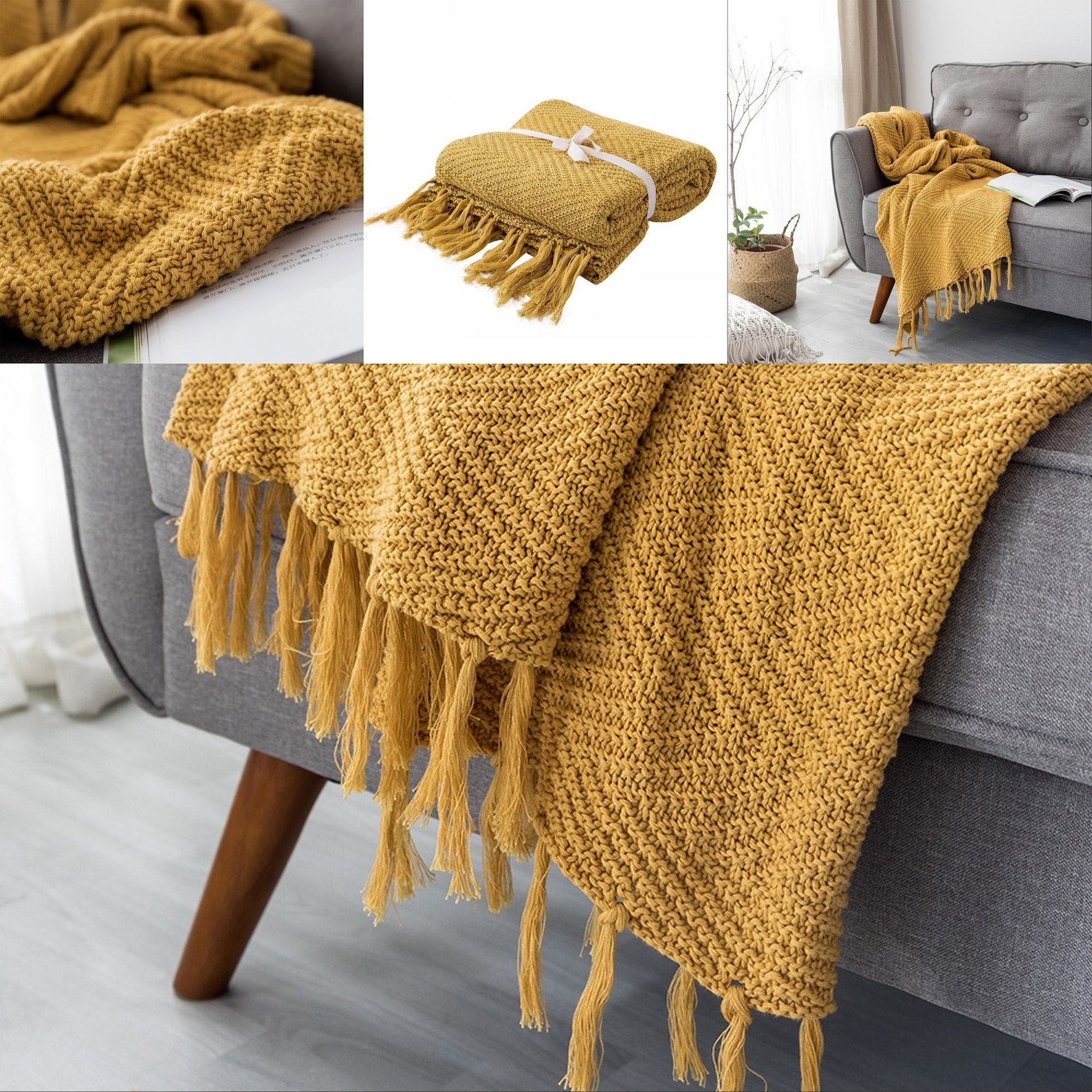 Mustard yellow throw blanket knittedvintage bed sofa throw Etsy