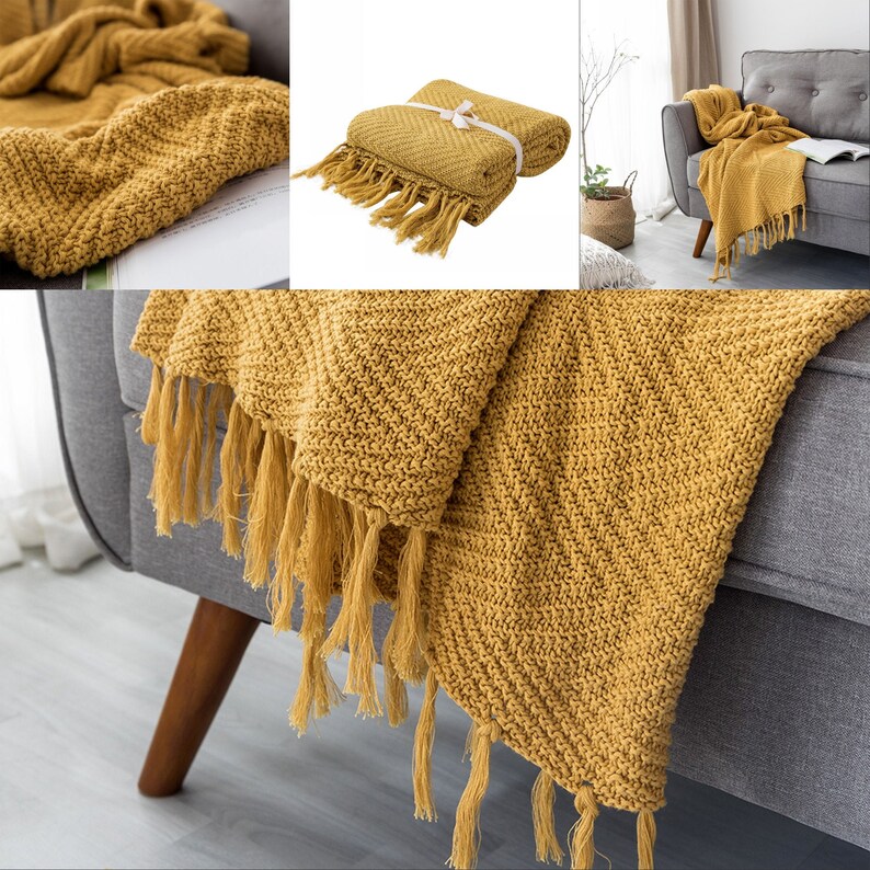 Mustard yellow throw blanket knittedvintage bed sofa throw Etsy