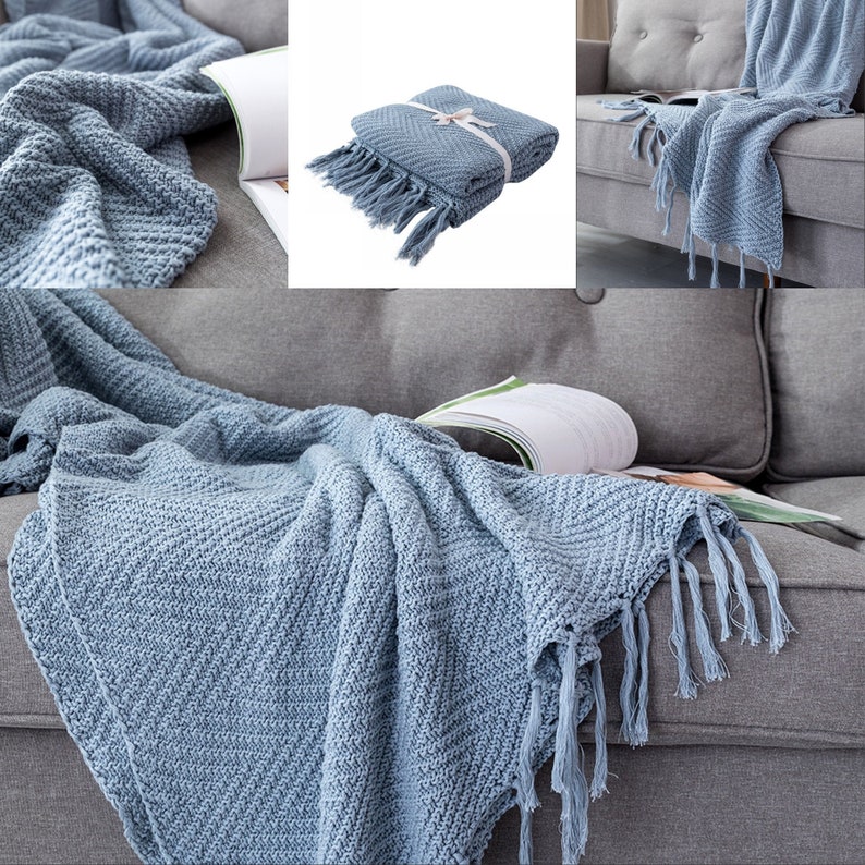 Sky blue throw blanket knittedboho bed sofa throw blanket Etsy