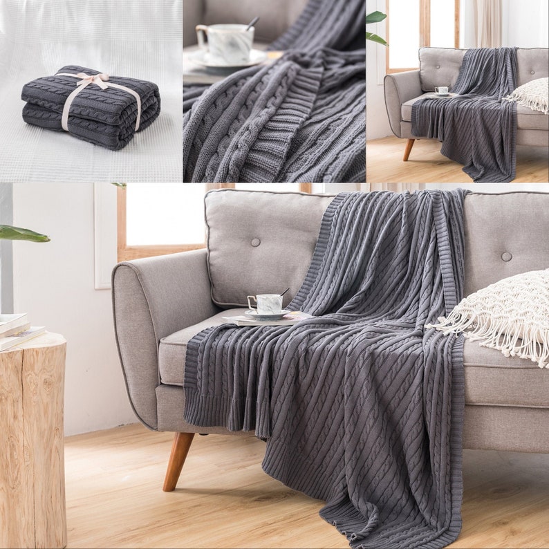 Dark grey throw blanket knittedvintage bed sofa throw blanket Etsy