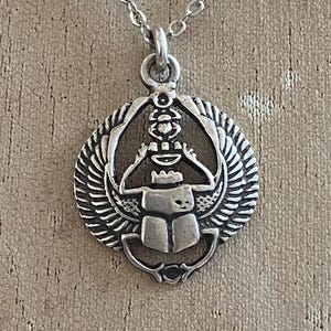 Sterling Silver Winged Scarab Pendant – Ancient Egyptian Amulet Necklace, Symbol of Protection & Renewal”