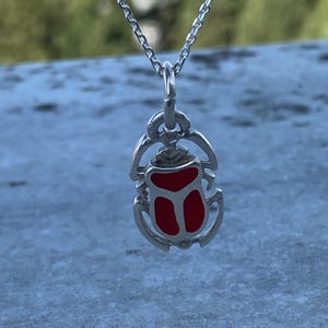 Sterling Silver Egyptian Scarab Pendant Necklace with Enamel Inlay – 25” Chain – Ancient Protection Amulet Jewelry
