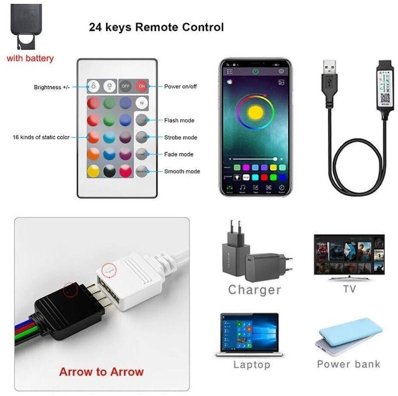 Pode incluir: Um controle remoto de 24 teclas para luzes LED com uma variedade de op&ccedil;&otilde;es de cores, controle de brilho e modos de luz. O controle remoto &eacute; mostrado com um cabo USB, um carregador, um laptop, uma TV e um banco de pot&ecirc;ncia.