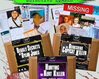 May include: Three brown cardboard boxes with game titles printed on them. The titles are "Deadly Secrets of Dylan Jones", "The Berkshire Copycat Killer", and "Hunting the Kent Killer". The boxes are filled with various papers and photos, suggesting a detective game.