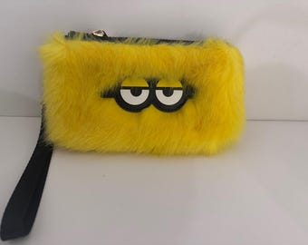 Shipping Included-Furry yellow minion clutch, purse with strap.