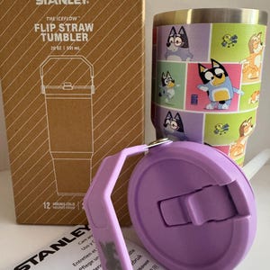 May include: A Stanley The Iceflow Flip Straw Tumbler, 20 oz (591 ml), with a purple lid and a cartoon character design. The tumbler is in its original cardboard box. The lid is open, revealing the straw opening.