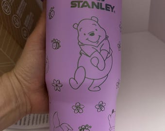 Winnie the Pooh Purple 30oz Stanley Tumbler w/ handle, Quencher H2.0, Engraved Character Design