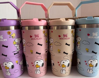 Snoopy 20oz Stanley Pink Tumbler w/ handle, Quencher H2.0, Engraved Character Design