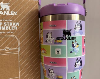 Bluey 20oz Stanley Purple Tumbler w/ handle, Quencher H2.0, Engraved Character Design