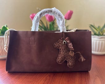 Large suede handbag Top handle Satchel Purse with Horse Charm