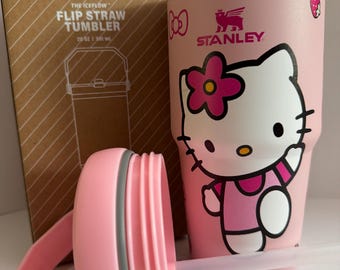 Hello Kitty 20oz Stanley Pink Tumbler w/ handle, Quencher H2.0, Engraved Character Design