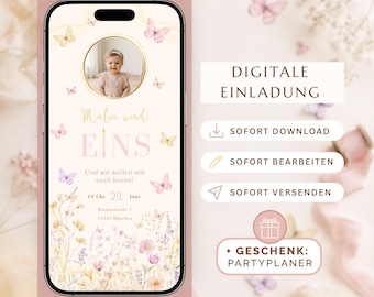 Digital 1st Birthday Invitation for a Girl | Butterfly and Wildflower | Canva Template | WhatsApp Invitation | Instant Download