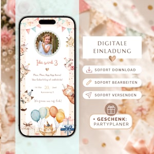 Könnte beinhalten: Eine digitale Geburtstagseinladung auf einem Smartphone-Bildschirm mit Aquarellillustrationen von Katzen mit Partyhüten, bunten Luftballons und Geschenken. Der Text enthält Ida wird 3, Miau Miau Hipp Hipp Hurra und Party-Details.