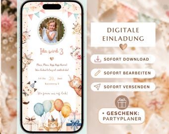 Cat-themed children's birthday party invitation for girls and boys | Editable birthday invitation from Canva | Digital download invitation card featuring a cat