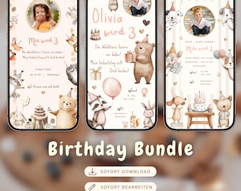 Digital Invitation for Kids' Birthday Party Bundle | 3 Canva Templates with Animals, Forest Animals, and Dog | Digital Invitation with Photo for WhatsApp