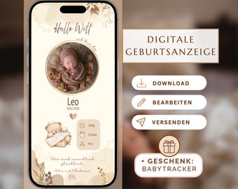Digital Birth Announcement - Customizable Canva Template - for WhatsApp & Print, Baby Welcome Card, Digital Birth Announcement