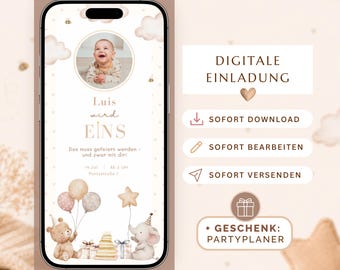 1st Birthday Invitation (Editable) | Digital Canva Template | Boho Watercolor Animals Teddy Elephant | WhatsApp Mobile Format