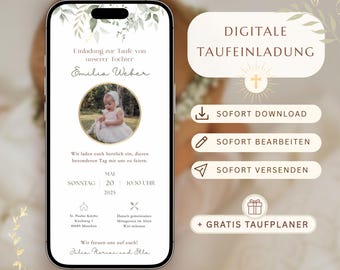 Digital christening invitation | Boho christening invitation | Customizable Canva template | Watercolor eucalyptus green | Instant download for boys and girls