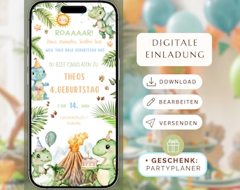 Digitale Geburtstagseinladung mit Dinos - Personalisierbare Canva Vorlage mit Dinos - Abenteuer Geburtstag Einladung für WhatsApp & Druck