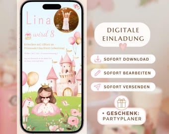 Digital Birthday Invitation Girl - Customizable Canva Template - Princess Birthday Ecard - Invitation for WhatsApp & Print
