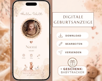 Digital birth announcement with photo | Personalized baby birth card for your phone | Boho birth announcement | Baby announcement | Canva template