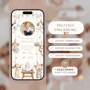 Puede incluir: Invitación de cumpleaños digital mostrada en un smartphone. El diseño presenta ilustraciones de animales en acuarela, una foto de un niño y el texto "Mila wird 3". La invitación incluye detalles de la fiesta y un planificador de regalos.