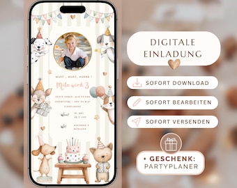 Digital birthday invitation - Customizable Canva template - for WhatsApp & print, dog invitation, e-card ready to use immediately
