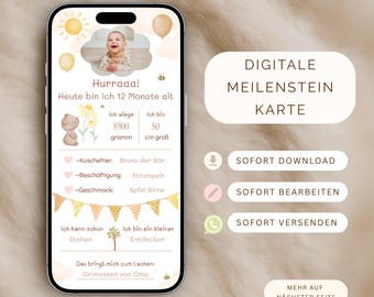 Digital Milestone Card - Customizable Canva Template - for WhatsApp & Print, Baby Development Card, Today I am 12 months, digital