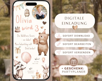 Digital birthday invitation - Customizable Canva template - for WhatsApp & print, Boho woodland animal invitation, e-card ready to use immediately