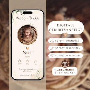 Anuncio de nacimiento digital - Plantilla personalizable de Canva - Para WhatsApp e impresión, Tarjeta de bienvenida para bebé, Anuncio de nacimiento digital