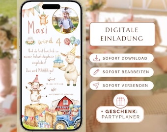 Digital Birthday Invitation - Customizable Canva Template - for WhatsApp & Print, Boho Woodland Animals Invitation, E-Card Ready to Use