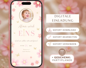 Birthday invitation for girls, flowers and butterflies | Editable birthday invitation | Canva template, WhatsApp photo, digital, pink